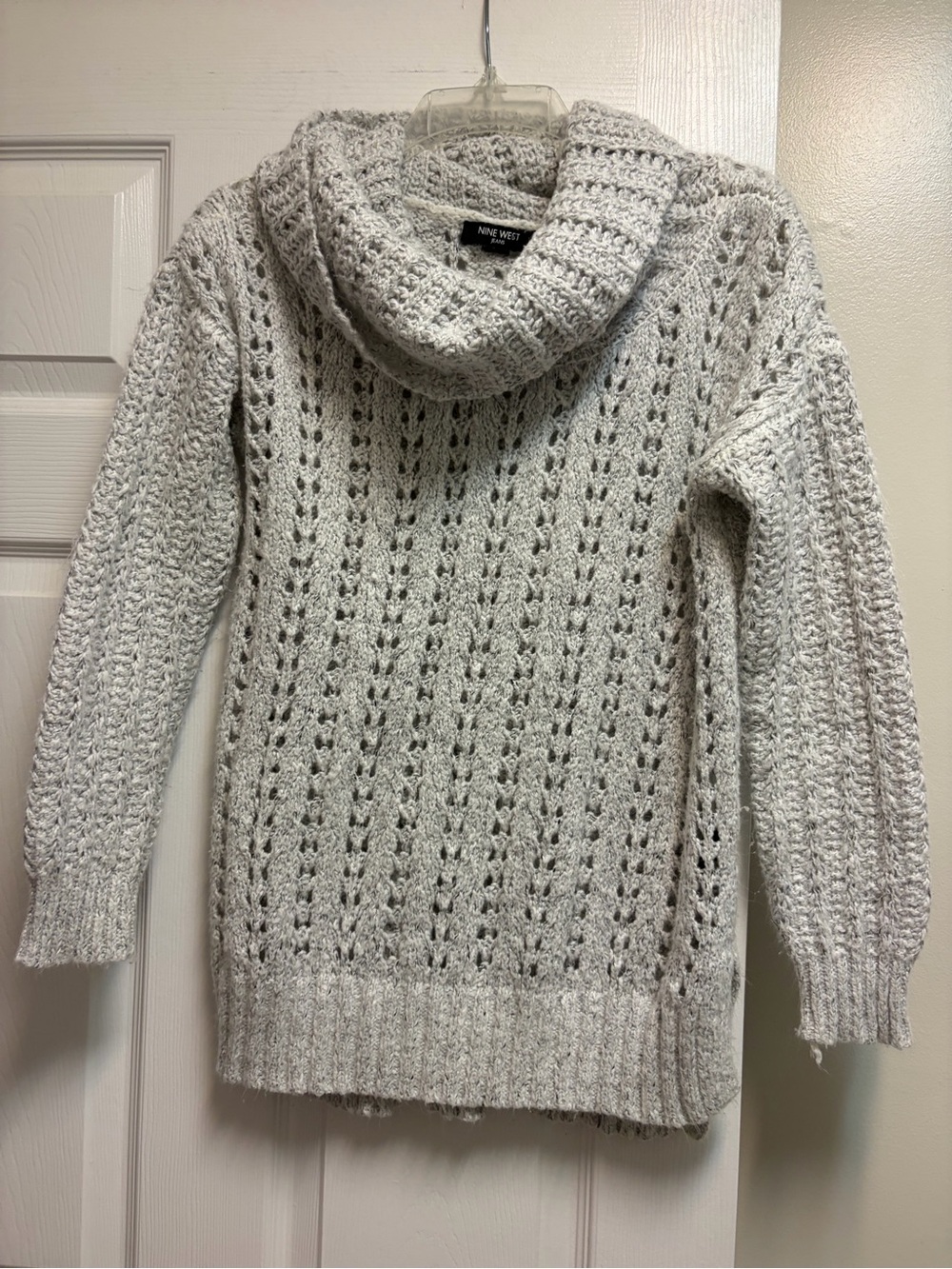 Nine West Light Cream Open-Knit Cowl Neck Sweater